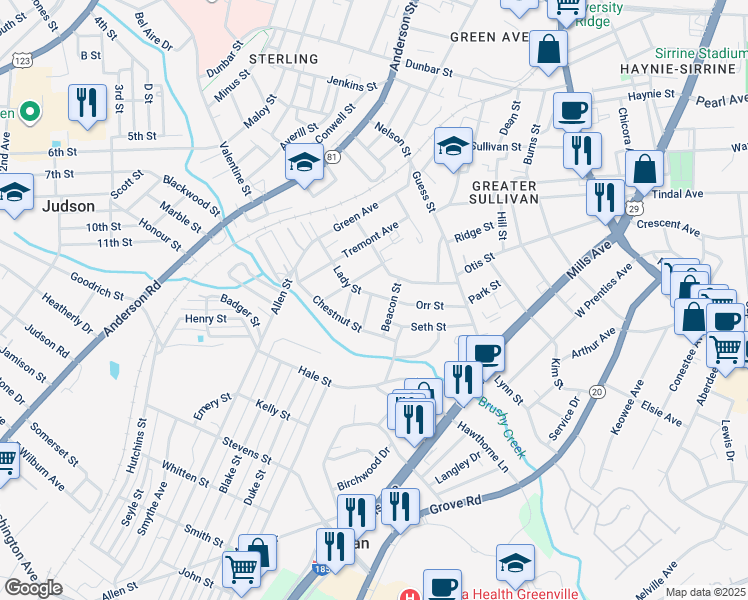 map of restaurants, bars, coffee shops, grocery stores, and more near 275 Moore Street in Greenville