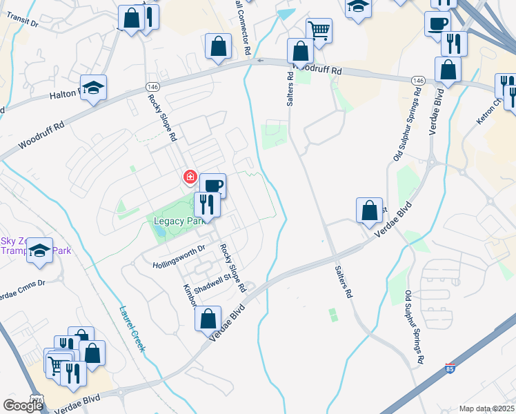 map of restaurants, bars, coffee shops, grocery stores, and more near 106 Verdae Crest Drive in Greenville