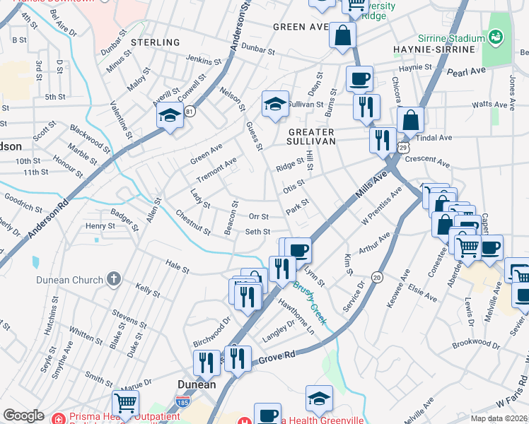 map of restaurants, bars, coffee shops, grocery stores, and more near 69 Orr Street in Greenville