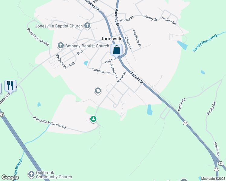 map of restaurants, bars, coffee shops, grocery stores, and more near 309 Alman Street in Jonesville