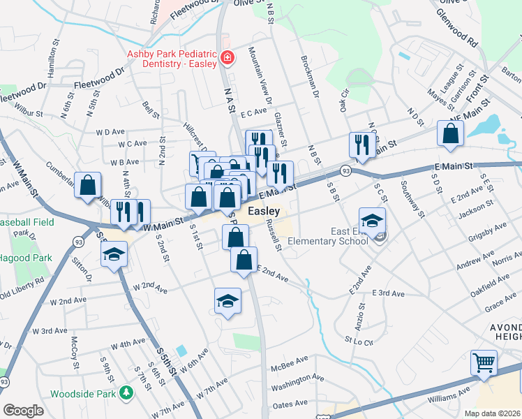 map of restaurants, bars, coffee shops, grocery stores, and more near in Easley