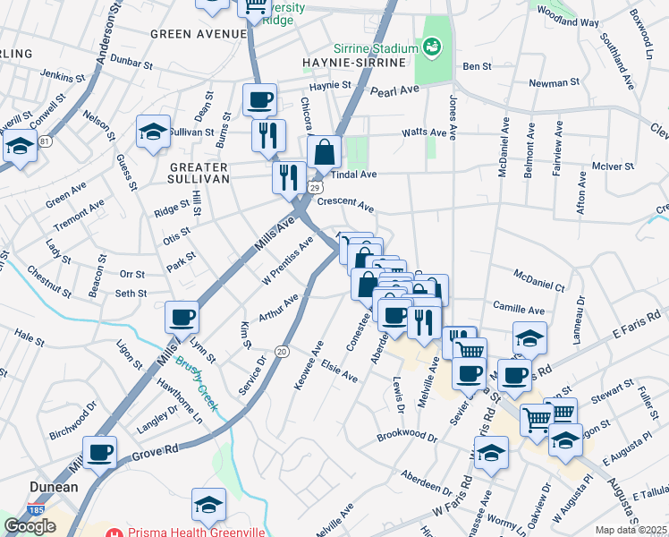 map of restaurants, bars, coffee shops, grocery stores, and more near 101 Grove Road in Greenville