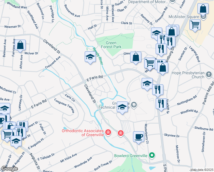 map of restaurants, bars, coffee shops, grocery stores, and more near 925 Cleveland Street in Greenville