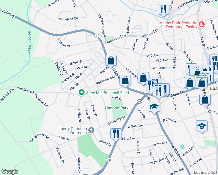 map of restaurants, bars, coffee shops, grocery stores, and more near 110 Highland Road in Easley