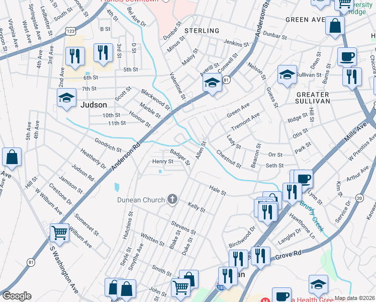 map of restaurants, bars, coffee shops, grocery stores, and more near 52 Bagwell Circle in Greenville