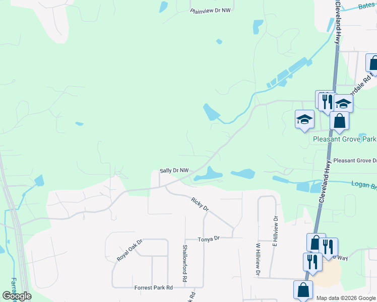 map of restaurants, bars, coffee shops, grocery stores, and more near 1500 Fowler Drive Northwest in Dalton
