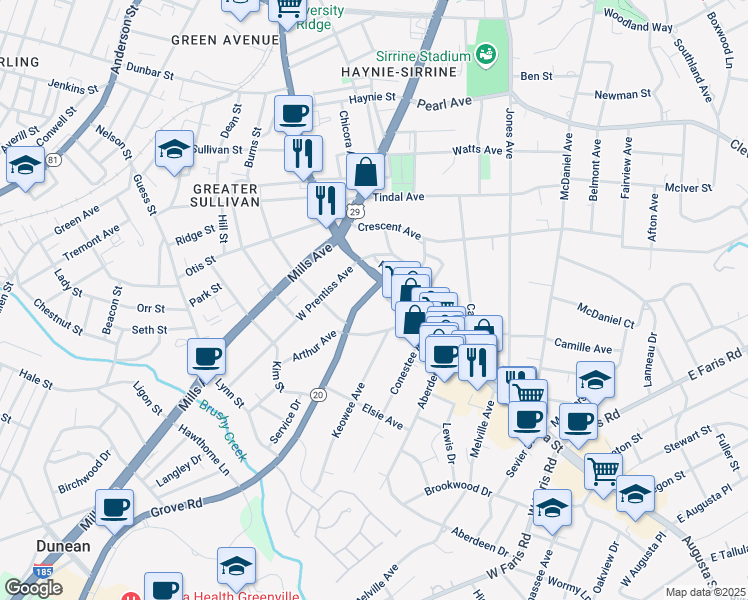 map of restaurants, bars, coffee shops, grocery stores, and more near 101 Grove Road in Greenville