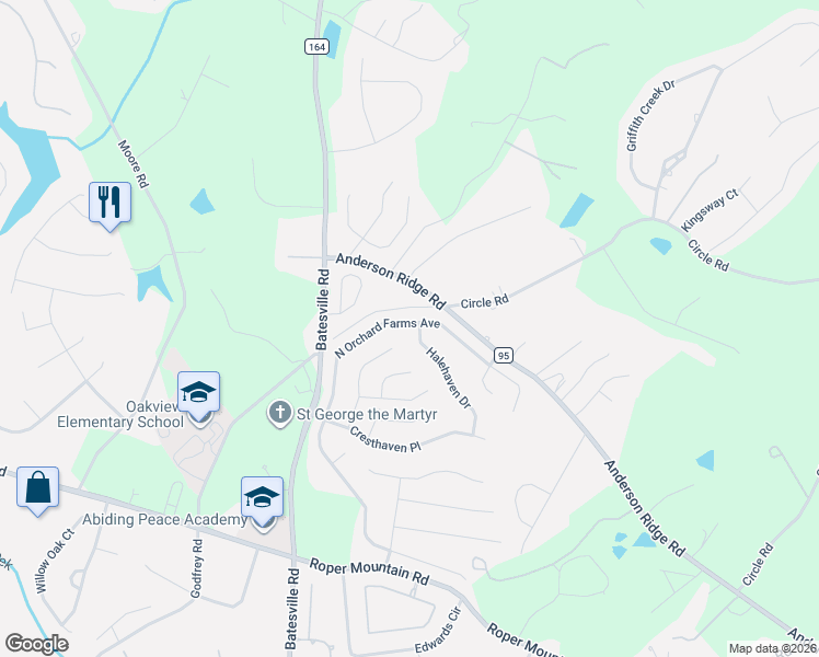 map of restaurants, bars, coffee shops, grocery stores, and more near 48 North Orchard Farms Avenue in Simpsonville
