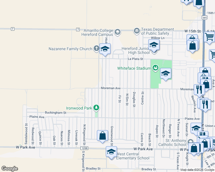 map of restaurants, bars, coffee shops, grocery stores, and more near 300 Hickory Street in Hereford