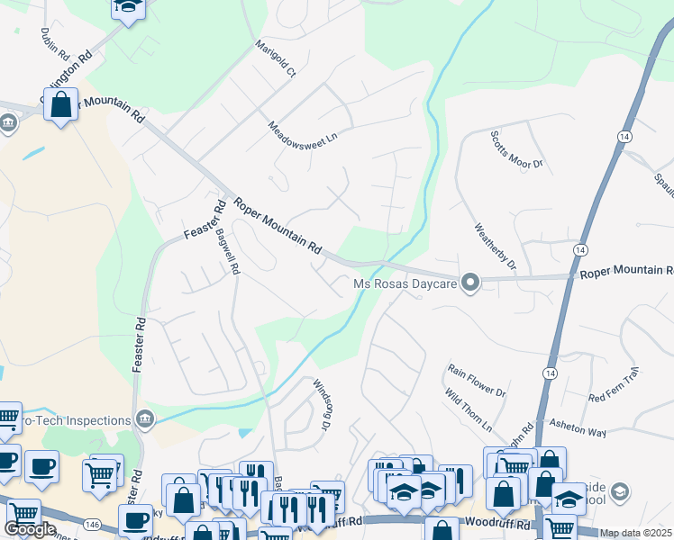 map of restaurants, bars, coffee shops, grocery stores, and more near 205 Beringer Court in Greenville