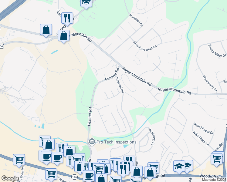 map of restaurants, bars, coffee shops, grocery stores, and more near 6 Rocky Ford Court in Greenville