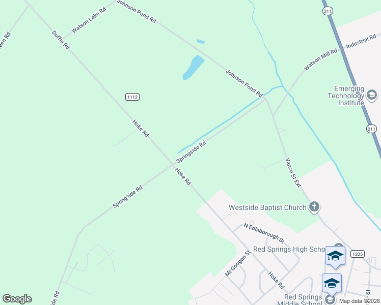 map of restaurants, bars, coffee shops, grocery stores, and more near Springside Road in Red Springs