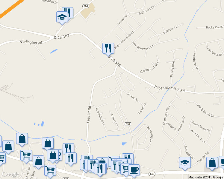 map of restaurants, bars, coffee shops, grocery stores, and more near 6 Rocky Ford Court in Greenville