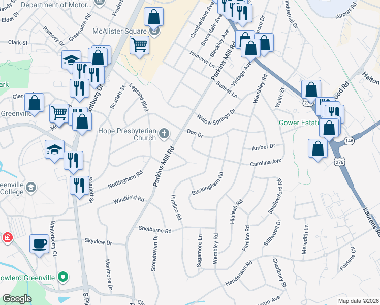 map of restaurants, bars, coffee shops, grocery stores, and more near 609 Carolina Avenue in Greenville