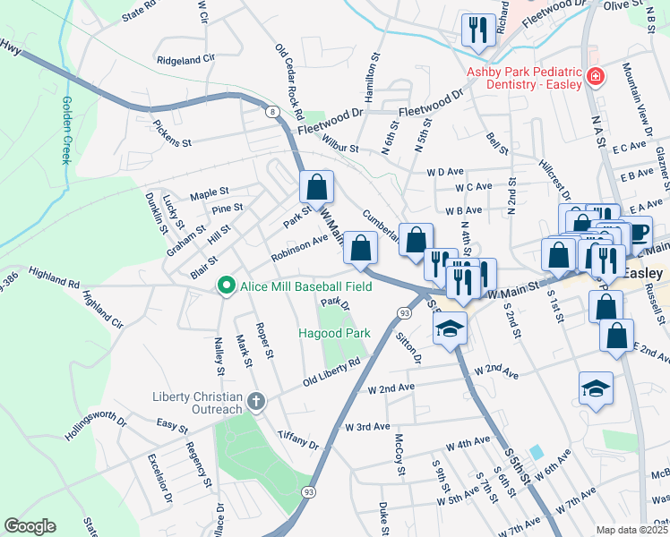 map of restaurants, bars, coffee shops, grocery stores, and more near 50 Highland Road in Easley