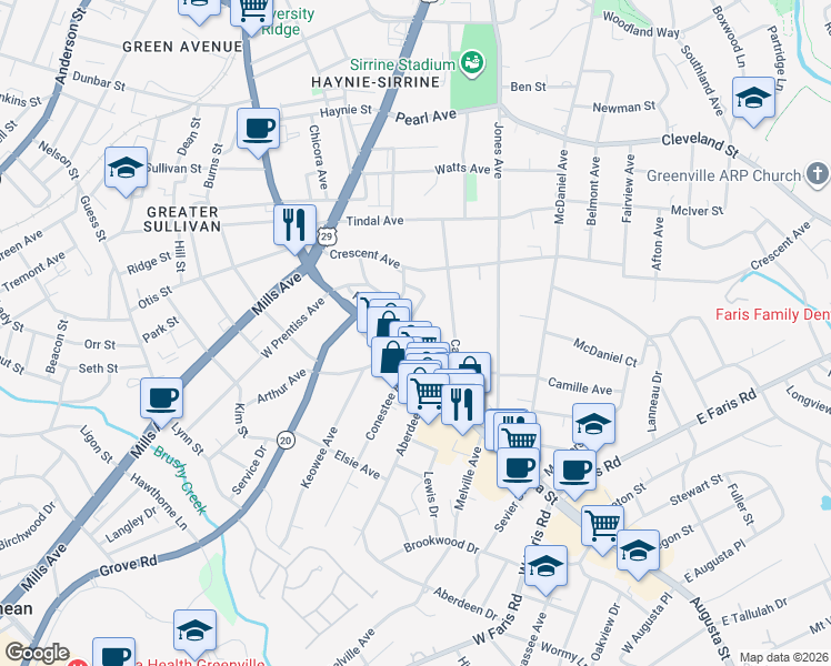 map of restaurants, bars, coffee shops, grocery stores, and more near 8a Cromwell Avenue in Greenville