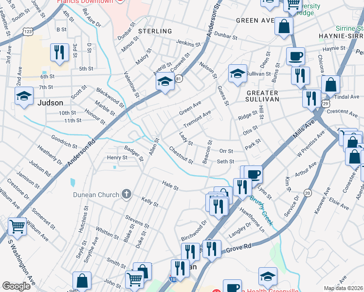 map of restaurants, bars, coffee shops, grocery stores, and more near 301 McGarity Street in Greenville