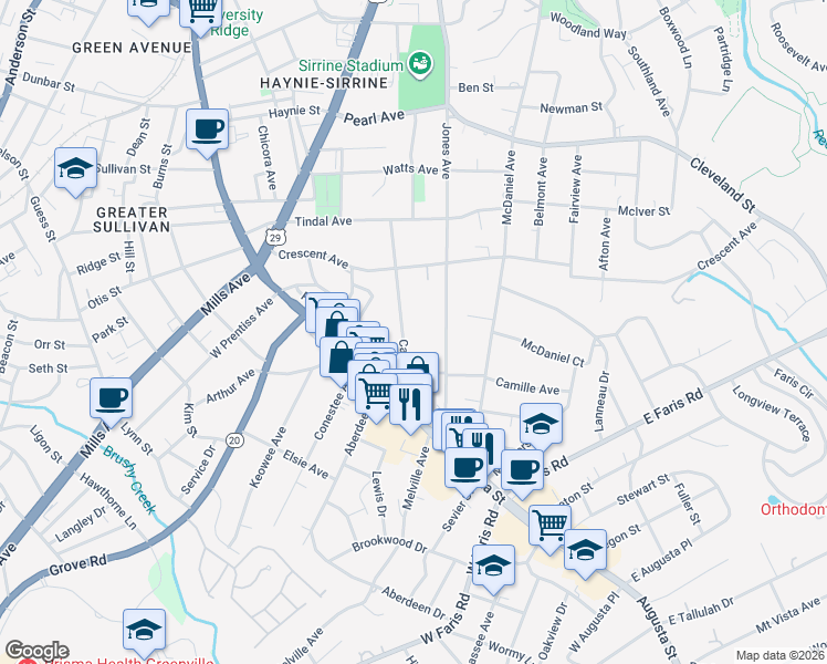 map of restaurants, bars, coffee shops, grocery stores, and more near 125 Capers Street in Greenville