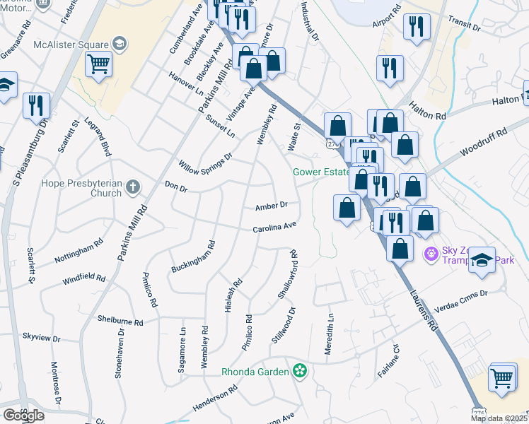 map of restaurants, bars, coffee shops, grocery stores, and more near 109 Amber Drive in Greenville