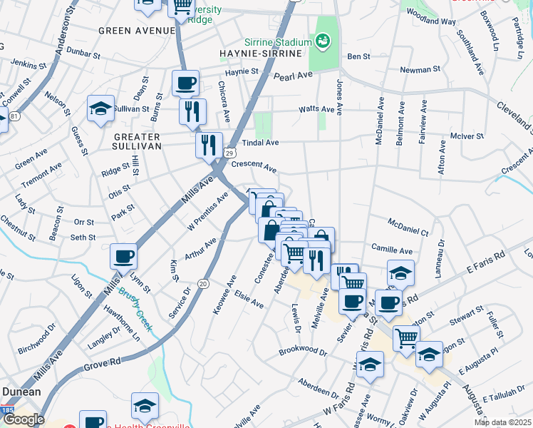 map of restaurants, bars, coffee shops, grocery stores, and more near 1429 Augusta Street in Greenville