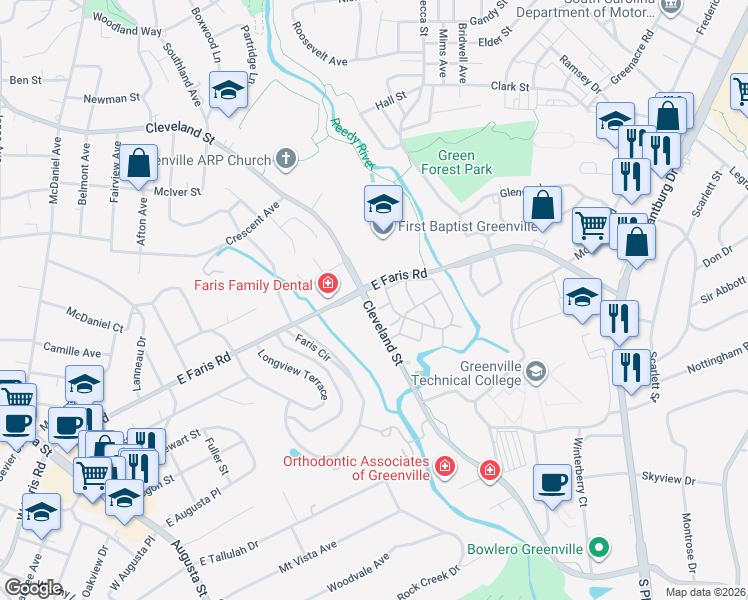 map of restaurants, bars, coffee shops, grocery stores, and more near 146 Cleveland Street in Greenville