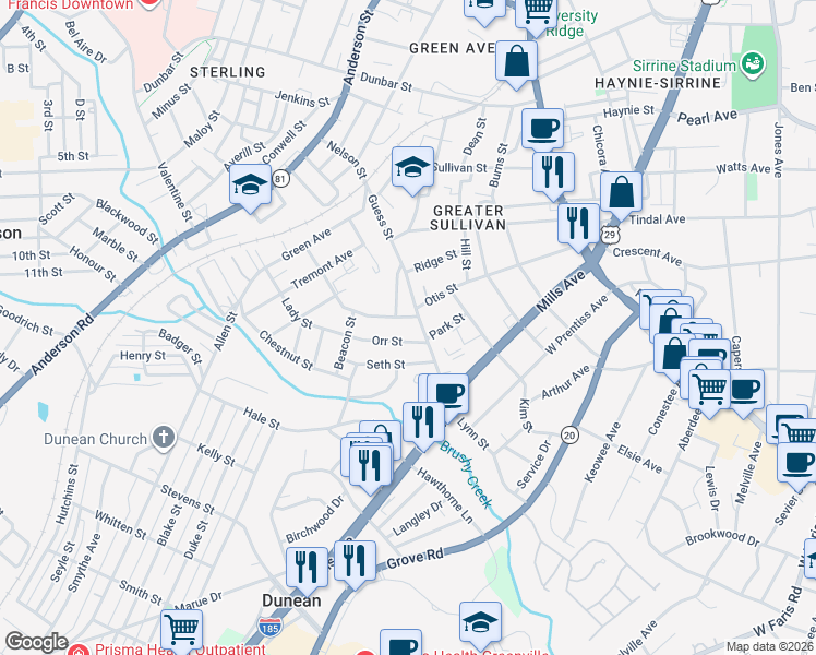 map of restaurants, bars, coffee shops, grocery stores, and more near 69 Orr Street in Greenville