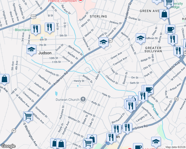 map of restaurants, bars, coffee shops, grocery stores, and more near 55 Bagwell Circle in Greenville