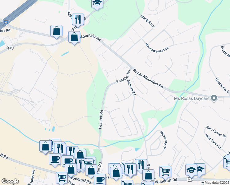 map of restaurants, bars, coffee shops, grocery stores, and more near 11 Brookford Court in Greenville