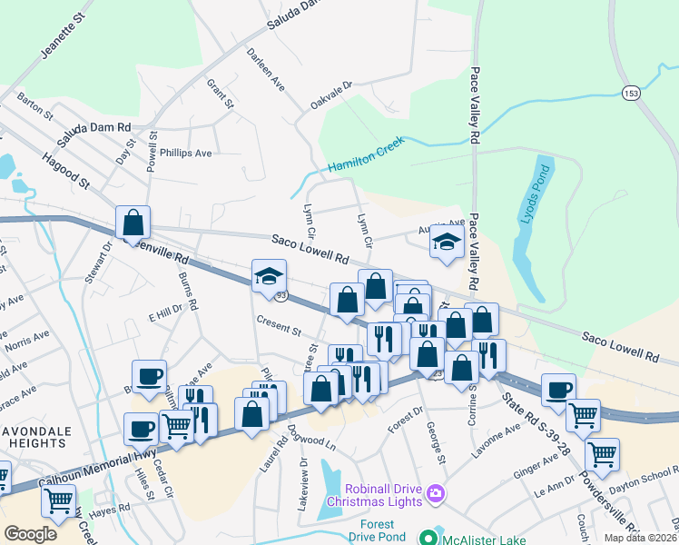 map of restaurants, bars, coffee shops, grocery stores, and more near 400 Saco Lowell Road in Easley
