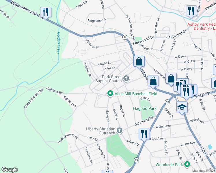 map of restaurants, bars, coffee shops, grocery stores, and more near 104 Linwood Street in Easley