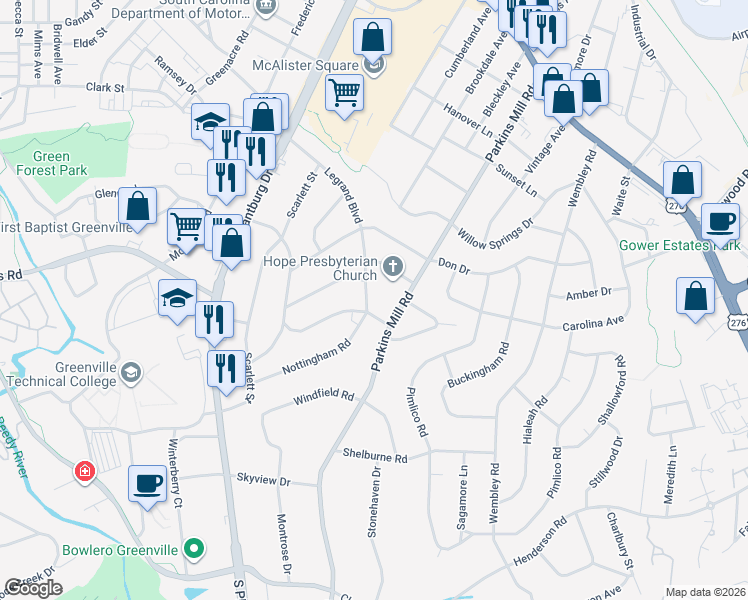 map of restaurants, bars, coffee shops, grocery stores, and more near 409 Legrand Boulevard in Greenville