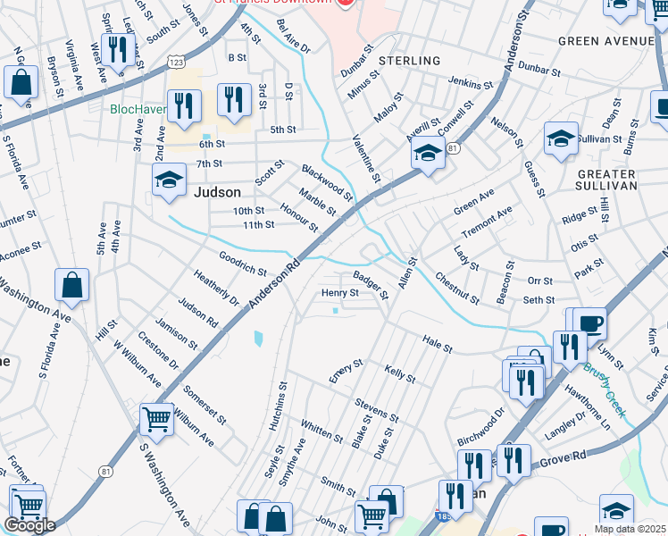 map of restaurants, bars, coffee shops, grocery stores, and more near 5 Badger Court in Greenville