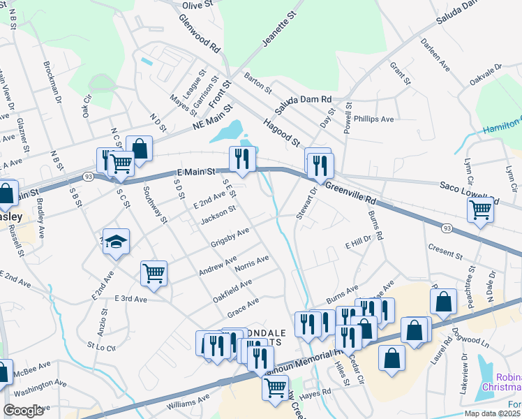 map of restaurants, bars, coffee shops, grocery stores, and more near 115 Garrett Street in Easley