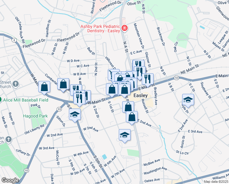 map of restaurants, bars, coffee shops, grocery stores, and more near 206 Northwest Main Street in Easley