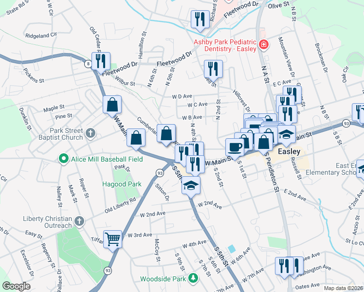 map of restaurants, bars, coffee shops, grocery stores, and more near 108 Wilbur Street in Easley