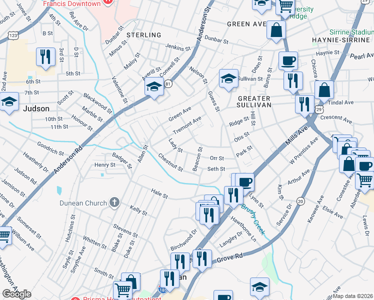 map of restaurants, bars, coffee shops, grocery stores, and more near 208 Lady Street in Greenville