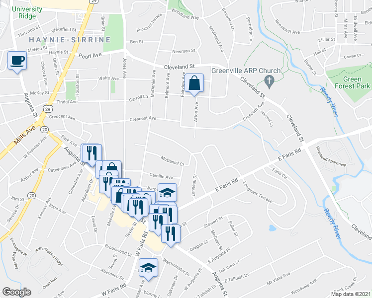 map of restaurants, bars, coffee shops, grocery stores, and more near 44 Lanneau Drive in Greenville