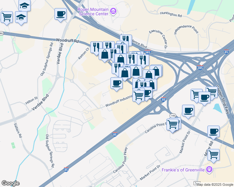 map of restaurants, bars, coffee shops, grocery stores, and more near 1112 Woodruff Road in Greenville