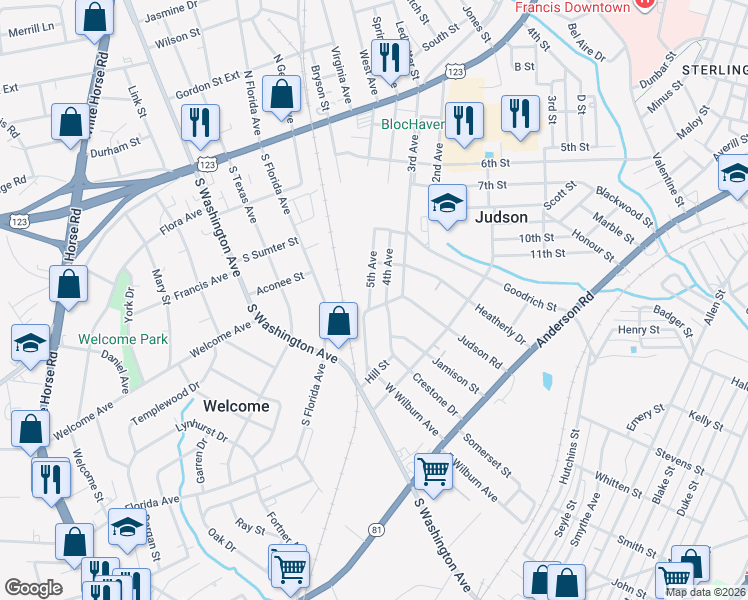 map of restaurants, bars, coffee shops, grocery stores, and more near 1449 5th Avenue in Greenville