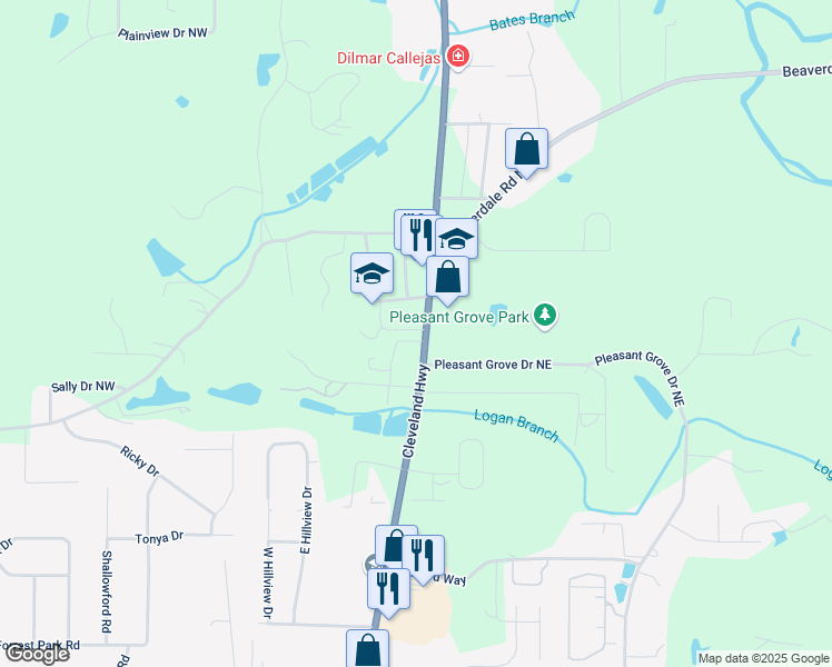 map of restaurants, bars, coffee shops, grocery stores, and more near 2713 Cleveland Highway in Dalton