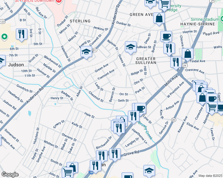 map of restaurants, bars, coffee shops, grocery stores, and more near 275 Moore Street in Greenville