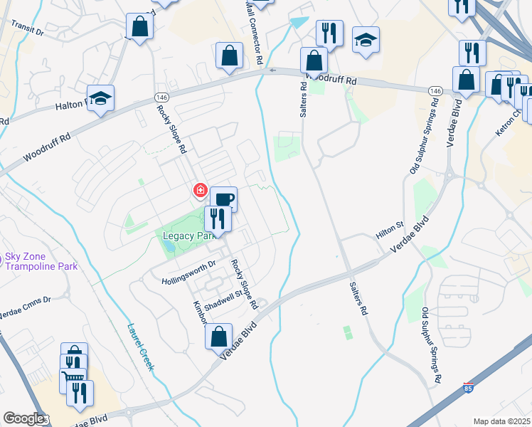 map of restaurants, bars, coffee shops, grocery stores, and more near 106 Verdae Crest Drive in Greenville