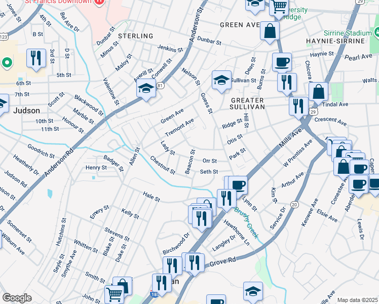 map of restaurants, bars, coffee shops, grocery stores, and more near 275 Moore Street in Greenville