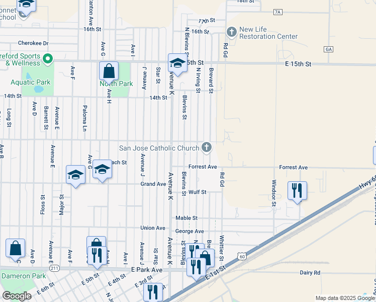 map of restaurants, bars, coffee shops, grocery stores, and more near 701-799 Blevins St in Hereford