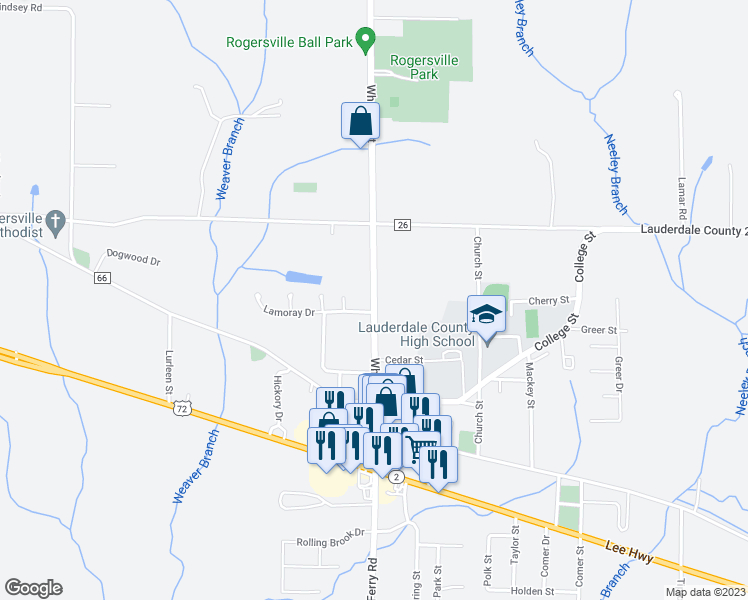 map of restaurants, bars, coffee shops, grocery stores, and more near Wheeler Street in Rogersville