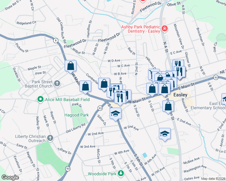 map of restaurants, bars, coffee shops, grocery stores, and more near 108 Wilbur Street in Easley