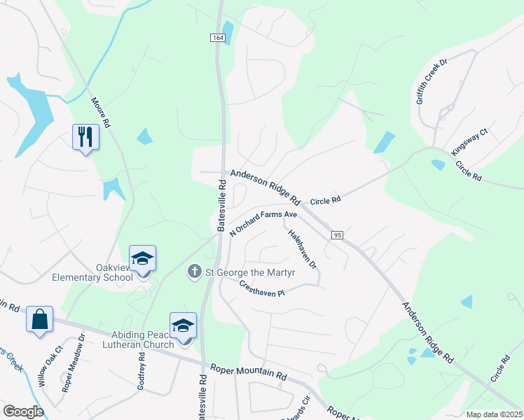 map of restaurants, bars, coffee shops, grocery stores, and more near 41 North Orchard Farms Avenue in Simpsonville