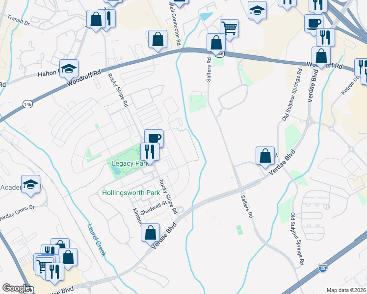 map of restaurants, bars, coffee shops, grocery stores, and more near 106 Verdae Crest Drive in Greenville
