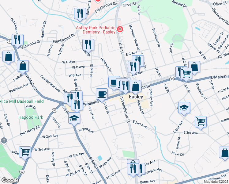 map of restaurants, bars, coffee shops, grocery stores, and more near 206 Northwest Main Street in Easley