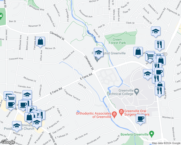 map of restaurants, bars, coffee shops, grocery stores, and more near 870 Cleveland Street in Greenville